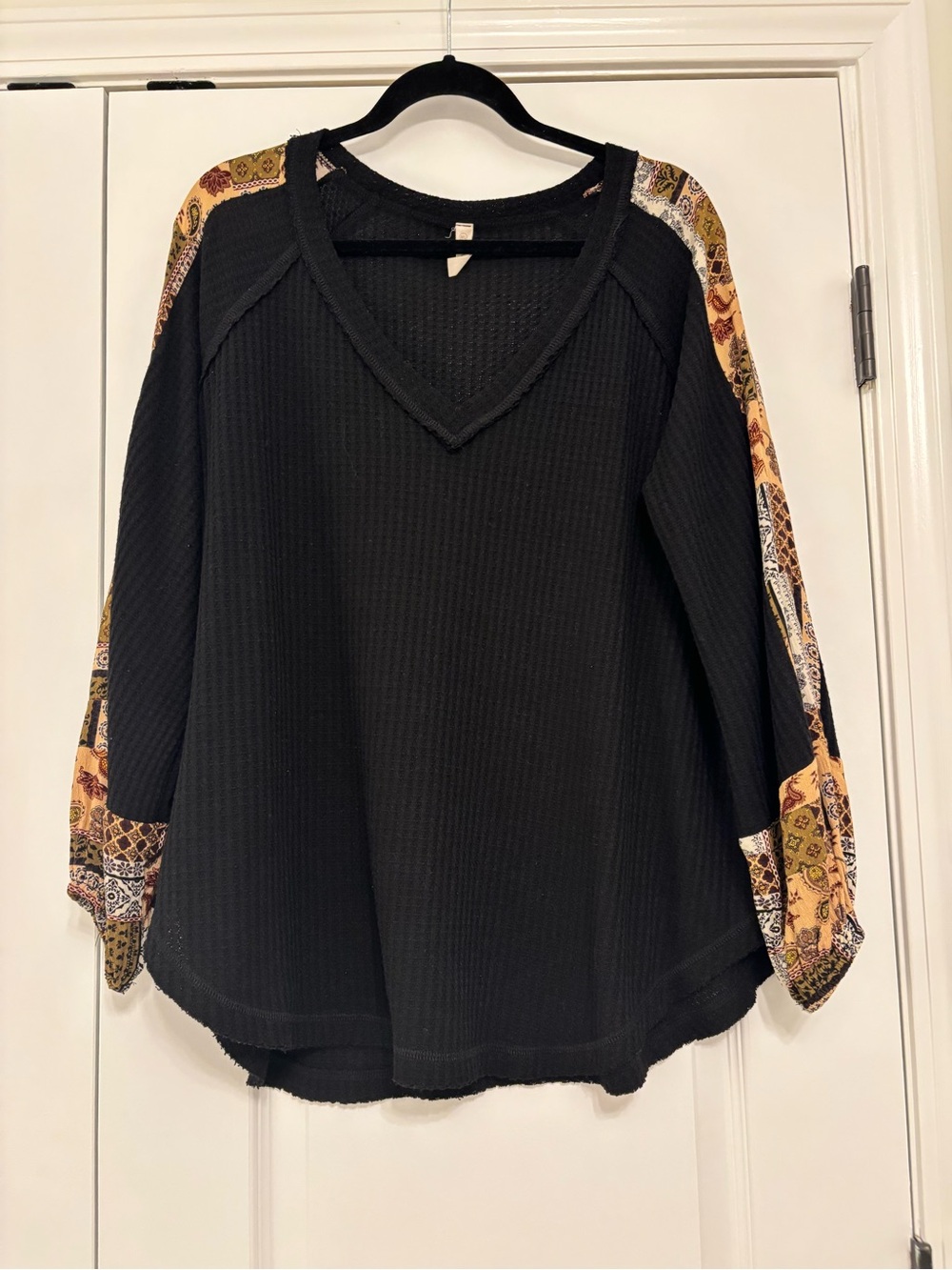 Wishlist Black V-Neck Waffle Top with Patchwork Sleeves